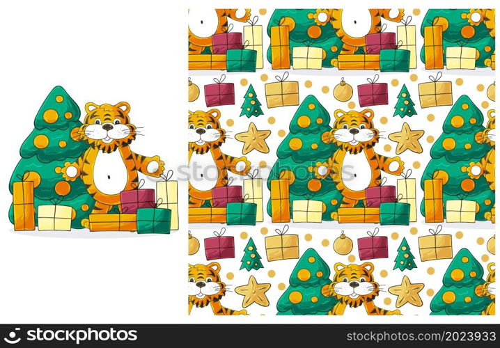New Year&rsquo;s Set of element and seamless pattern. ideal for children&rsquo;s clothing. New Year 2022. Year of the Tiger. Cute Set of element and seamless pattern. Ideal for children&rsquo;s clothing