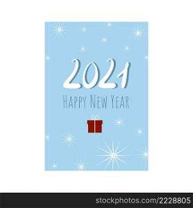 New year’s blue card with the inscription 2021 and happy new year. Vector banner with Christmas greetings. Print postcards in large quantities, lettering by hand. Gift and snowflakes.