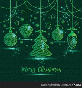 New Year's greeting card merry Christmas. Bright New Year's toys on a green background