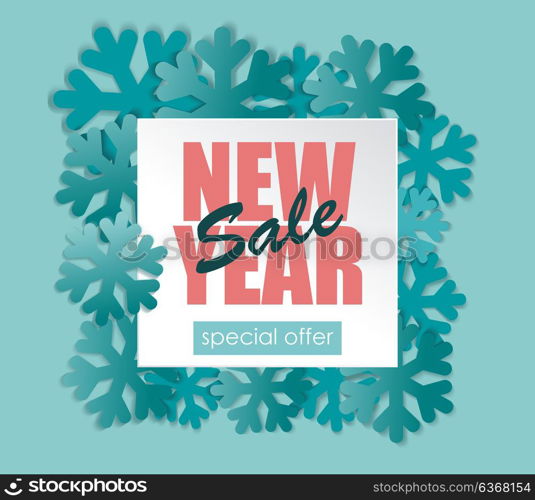 New Year Sale banner with blue snowflakes.