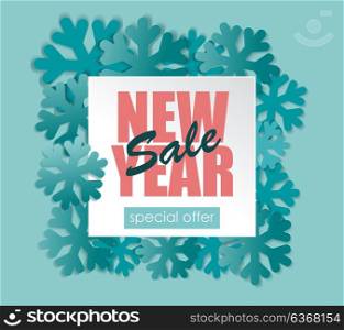 New Year Sale banner with blue snowflakes.