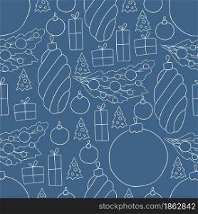 New Year. Seamless vector pattern with Christmas tree decorations, gifts. Blue Pattern in hand draw style. Seamless vector pattern. Christmas tree decorations. Pattern in hand draw style