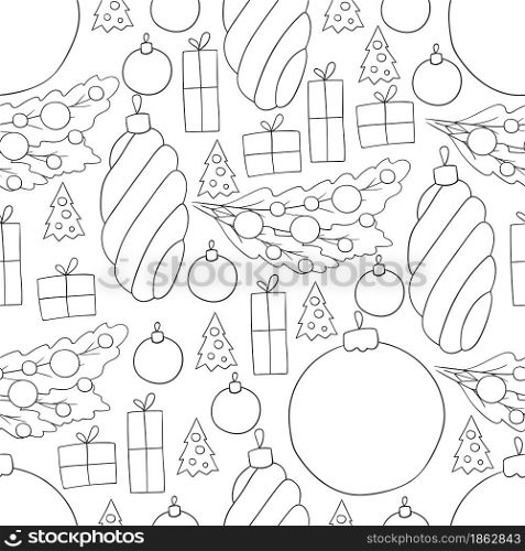 New Year. Seamless vector pattern with Christmas tree decorations, gifts. Monochrome Pattern in hand draw style. Seamless vector pattern. Christmas tree decorations. Pattern in hand draw style
