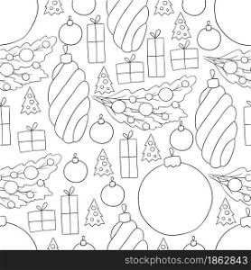 New Year. Seamless vector pattern with Christmas tree decorations, gifts. Monochrome Pattern in hand draw style. Seamless vector pattern. Christmas tree decorations. Pattern in hand draw style