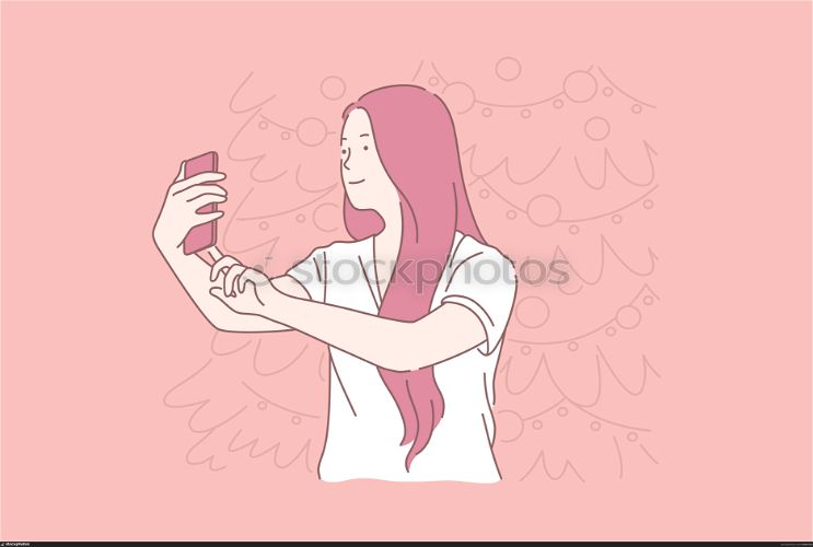 New Year selfie, woman taking pictures concept. Photographing with Christmas tree, profile picture for social networks, happy blogger, sharing photos, using smartphone. Simple flat vector. New Year selfie, woman taking pictures concept