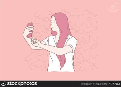 New Year selfie, woman taking pictures concept. Photographing with Christmas tree, profile picture for social networks, happy blogger, sharing photos, using smartphone. Simple flat vector. New Year selfie, woman taking pictures concept