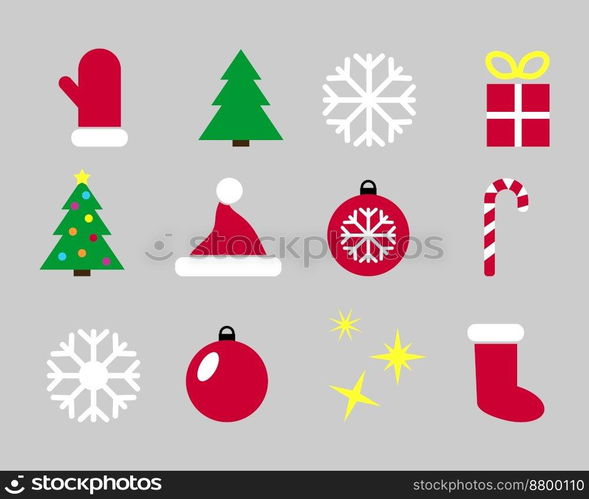 New year set, icon vector on gray background. Set of New Year colored icons. Christmas tree, hat, mitten, sock, snowflake, gift, Christmas ball, lollipop, sparkles.