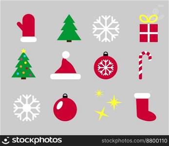 New year set, icon vector on gray background. Set of New Year colored icons. Christmas tree, hat, mitten, sock, snowflake, gift, Christmas ball, lollipop, sparkles.