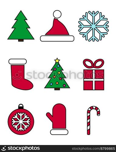 New Year set, icon vector. Set of New Year colored icons on a white background. Christmas tree, hat, mitten, sock, snowflake, gift, Christmas ball, lollipop.