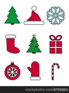 New Year set, icon vector. Set of New Year colored icons on a white background. Christmas tree, hat, mitten, sock, snowflake, gift, Christmas ball, lollipop.