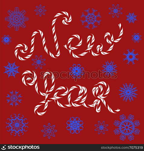 New Year Sign Isolated on Red Background with Blue Snowflakes. New Year Sign on Red Background