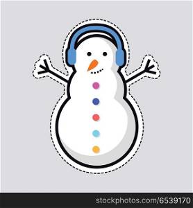 New Year Snowman with Blue Earphones on Head.. Illustration of isolated New Year snowman with blue earphones on head. Cut out of paper. Front view. Snowman with raised hands and orange carrot nose. Colourful buttons. Flat design. Vector.