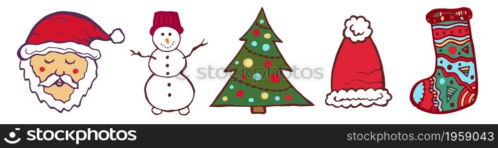 New year stickers. Christmas vector design in doodle style. Cute greeting cards decorations. New year stickers. Christmas vector design in doodle style. Cute greeting cards decorations.