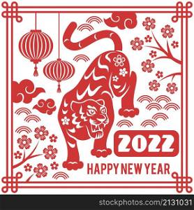 New year tiger poster. Holiday traditional banner with red chinese animal, horoscope symbol, silhouette chinese elements with ornaments, festive greeting and invitation card, vector isolated concept. New year tiger poster. Holiday traditional banner with red chinese animal, horoscope symbol, silhouette chinese elements with ornaments, festive greeting and invitation card vector concept