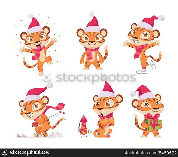 New year tiger. Wild cute animal in action poses tiger in red winter celebration santa cap exact vector 2022 yer promotional character. Tiger character animal for new year illustration. New year tiger. Wild cute animal in action poses tiger in red winter celebration santa cap exact vector 2022 yer promotional character