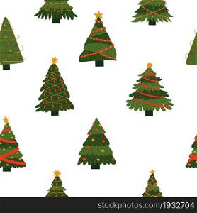 New year tree seamless pattern. Christmas green spruces decorative background for presents, happy holidays gifts, and greeting cards. Decor textile, wrapping paper wallpaper, vector print or fabric. New year tree seamless pattern. Christmas green spruces decorative background for presents, happy holidays gifts, and greeting cards. Decor textile, wrapping paper, vector print