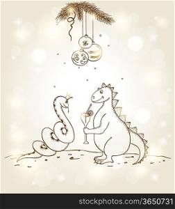 New year vector hand drawn background with snake and dragon