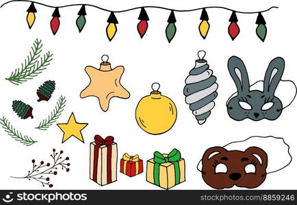 New year Vector illustration. Christmas balls spiral stars tree brunch mask gift pine cones. Elements for coloring, printing, design illustrations in the style of outline. New year Vector illustration. Christmas balls spiral stars tree brunch mask gift pine cones.