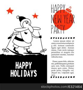 New year vector illustration. Hand drawn. Funny Santa Claus on skis.