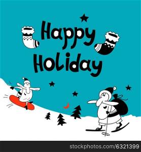 New year vector illustration. Hand drawn. Funny Santa Claus on skis and a skateboard.