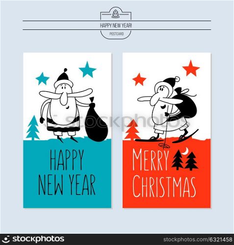 New year vector illustration. Hand drawn. Funny Santa Claus skiing with a sack of gifts.