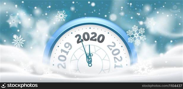 New Year winter clock. Celebration 2020 countdown in snow, holiday clocks. Christmas midnight make wishes time alarm, Xmas holiday party clock flyer vector illustration. New Year winter clock. Celebration 2020 countdown in snow, holiday clocks vector illustration