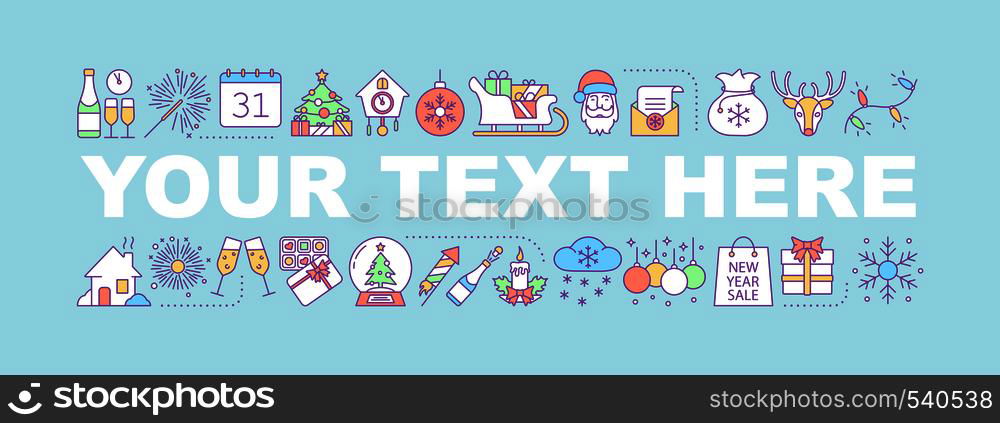 New year word concepts banner. Christmas. Winter holidays. Gifts, decor, treats. Isolated lettering typography idea with linear icons. Vector outline illustration. New year word concepts banner