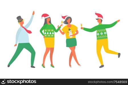 New Years Eve celebration vector, Christmas party people. Man and woman dancing and drinking alcohol, champagne poured in glass. Tipsy happy crowd. Christmas Party People, New Years Eve Celebration