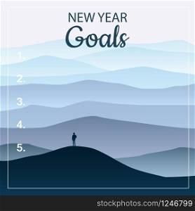 New years resolution, goals in the new year, men standing on the hill. New years resolution, goals in the new year, men standing on the hill looking into new perspectives next year, minimalist landscape, vector, illustration, banner, poster