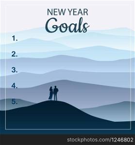New years resolution in the new year, men and women are standing on the hil. New years resolution in the new year, men and women are standing on the hill looking into new perspectives next year, minimalist landscape, vector, illustration, banner, poster