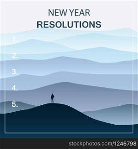 New years resolution in the new year, men standing on the hill. New years resolution in the new year, men standing on the hill looking into new perspectives next year, minimalist landscape, vector, illustration, banner, poster