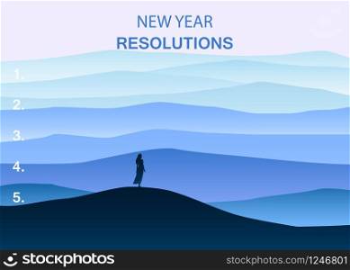 New years resolution in the new year, women are standing on the hil. New years resolution in the new year, women are standing on the hill looking into new perspectives next year, minimalist landscape, vector, illustration, banner, poster