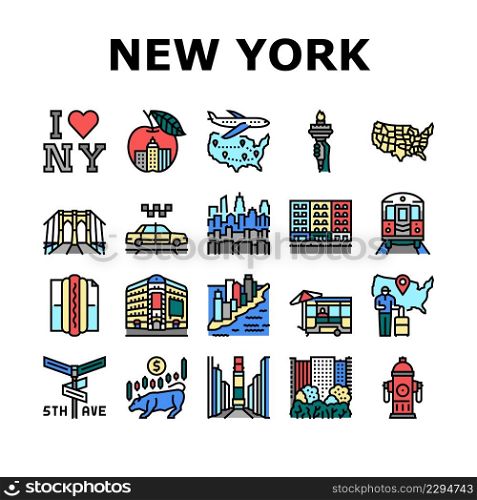 New York American City Landmarks Icons Set Vector. Square And 5th Avenue, Central Park And Broadway, Manhattan And Brooklyn Bridge Line. Subway And Taxi Cab Urban Transport Color Illustrations. New York American City Landmarks Icons Set Vector
