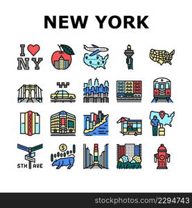 New York American City Landmarks Icons Set Vector. Square And 5th Avenue, Central Park And Broadway, Manhattan And Brooklyn Bridge Line. Subway And Taxi Cab Urban Transport Color Illustrations. New York American City Landmarks Icons Set Vector