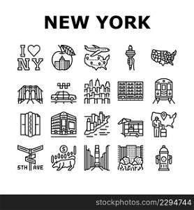 New York American City Landmarks Icons Set Vector. Square And 5th Avenue, Central Park And Broadway, Manhattan And Brooklyn Bridge Line. Subway And Taxi Cab Urban Transport Black Contour Illustrations. New York American City Landmarks Icons Set Vector