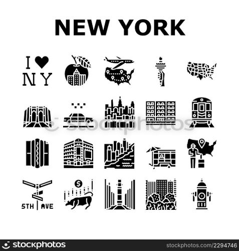 New York American City Landmarks Icons Set Vector. Square And 5th Avenue, Central Park And Broadway, Manhattan And Brooklyn Bridge. Subway Taxi Cab Urban Transport Glyph Pictograms Black Illustrations. New York American City Landmarks Icons Set Vector