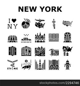 New York American City Landmarks Icons Set Vector. Square And 5th Avenue, Central Park And Broadway, Manhattan And Brooklyn Bridge. Subway Taxi Cab Urban Transport Glyph Pictograms Black Illustrations. New York American City Landmarks Icons Set Vector