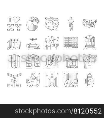 New York American City Landmarks Icons Set Vector. Square And 5th Avenue, Central Park And Broadway, Manhattan And Brooklyn Bridge Line. Subway And Taxi Cab Urban Transport Black Contour Illustrations. New York American City Landmarks Icons Set Vector