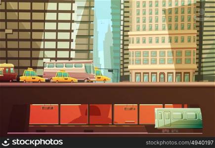 New York City Design Concept . New york city design concept with skyscrapers and urban transport so as yellow cabs municipal transportation subway flat vector illustration