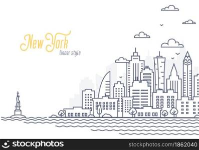 New York City landscape template. Thin line Cityscape, Manhattan or downtown with high skyscrapers. Outline style vector illustration on white background. New York City landscape template. Thin line Cityscape, Manhattan or downtown with high skyscrapers. Outline style vector illustration on white background.