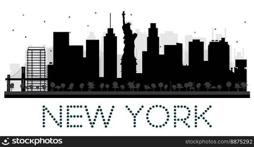 New York City skyline black and white silhouette. Vector Illustration. Simple flat concept for tourism presentation, banner, placard or web site. Cityscape with landmarks.