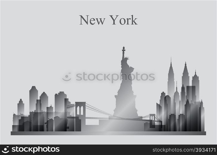 New York city skyline silhouette in grayscale, vector illustration