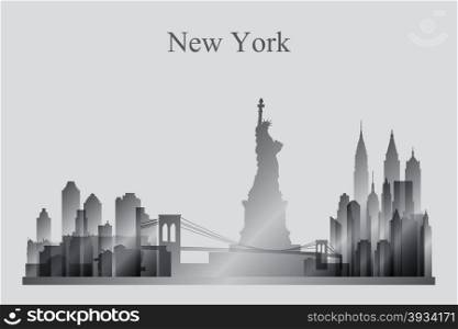New York city skyline silhouette in grayscale, vector illustration
