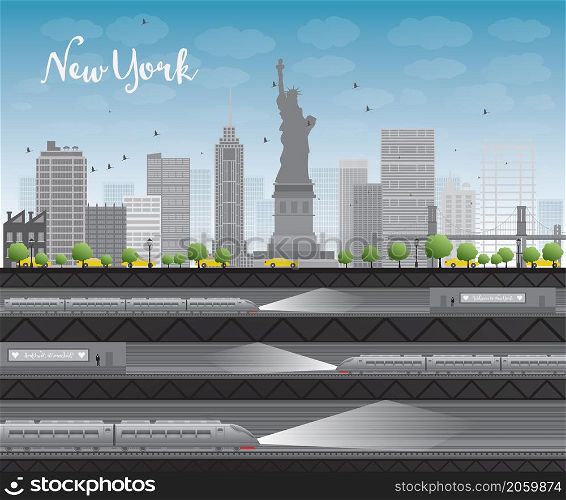 New York city skyline with blue sky, clouds, yellow taxi and train Vector illustration