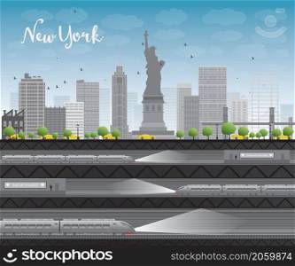 New York city skyline with blue sky, clouds, yellow taxi and train Vector illustration
