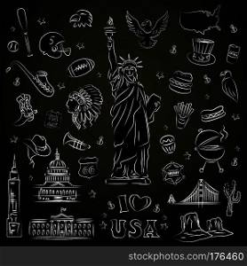 New York doodle line set. Hand drawn elements. American travel symbols. Vector pattern. New York doodle line set. Hand drawn elements.