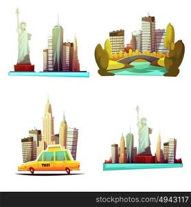 New York Downtown 2x2 Design Compositions. New york downtown 2x2 cartoon compositions with skylines statue of liberty yellow cab central park elements flat vector illustration