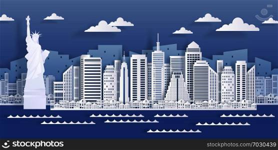 New York paper landmark. USA city skyline view, modern cityscape in origami style. Vector white paper cut business skyscraper buildings. New York paper landmark. USA city skyline view, modern cityscape in origami style. Vector white paper cut skyscraper buildings