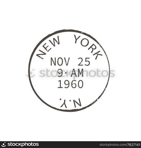 New York post stamp isolated round postmark. Vector NY city post office sign, american correspondence express delivery insignia. US international mailing services, ink seal rubber stamp. US post office rubber stamp isolated retro NY sign