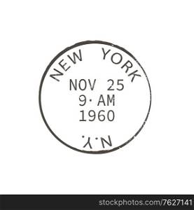 New York post stamp isolated round postmark. Vector NY city post office sign, american correspondence express delivery insignia. US international mailing services, ink seal rubber stamp. US post office rubber stamp isolated retro NY sign